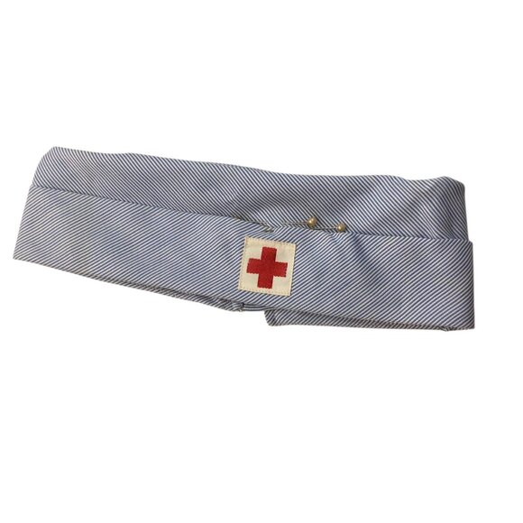 Vintage American Red Cross Volunteer Hat Cap Uniform Women's Blue Stripe Pin On - Picture 2 of 4